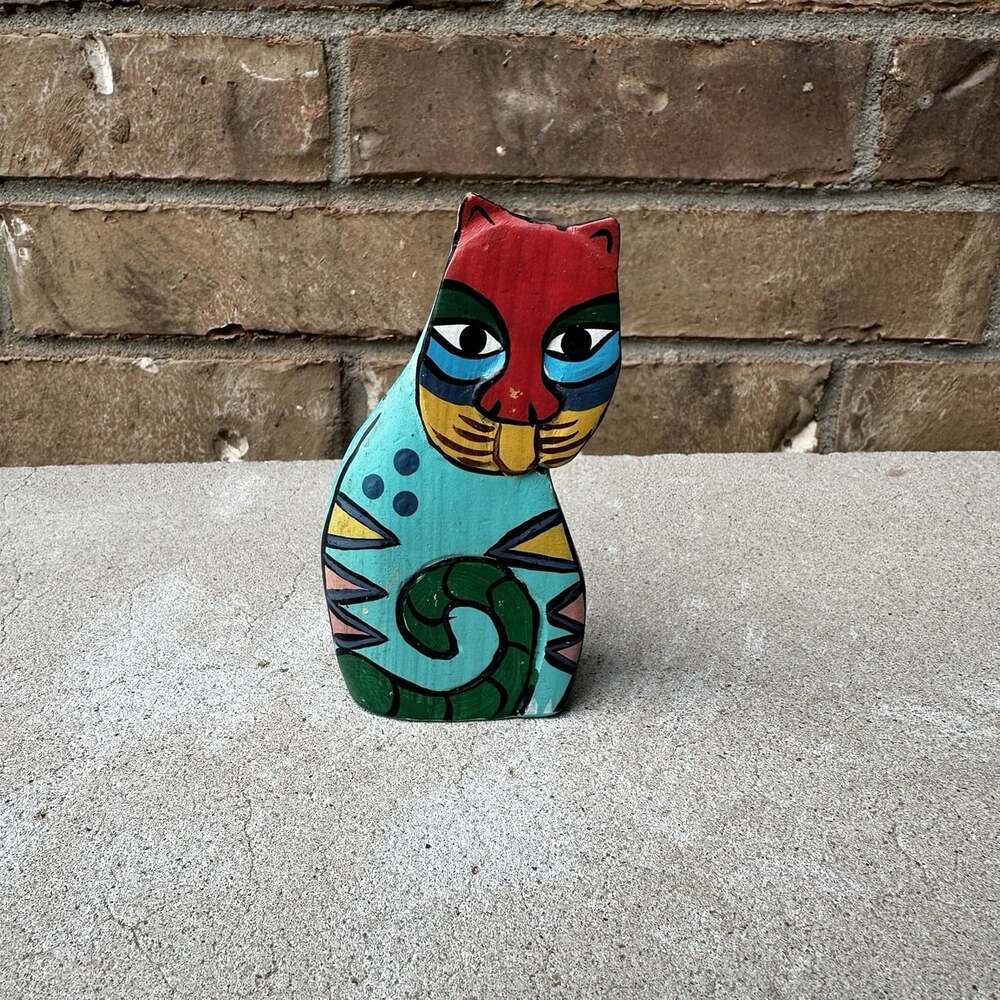 Laurel Burch Style Wood Cat Figurine Carved Hand Painted Turquoise Print Folkart - Picture 2 of 7